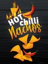 Nachos corn chips set oo dark wood background with chili. Traditional Mexican fast food, vector illustration in