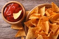 Nachos corn chips with spicy sauce close-up. horizontal top view Royalty Free Stock Photo