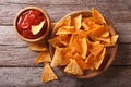 Nachos corn chips with spicy sauce. Horizontal top view Royalty Free Stock Photo