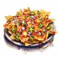 Nachos with guacamole sauce and jalapeno peppers