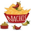 Nachos with guacamole. Tortilla chips. Mexican food. Vector icon