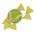 Nachos icon top view. Corn chips with guacamole icon. Spicy green avocado sauce. Mexican food, Latin American food. Fast food.