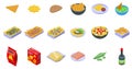 Nachos icons set isometric vector. Mexican dip