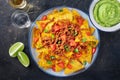 Nachos, Mexican food, tortilla chips with beef and fresh vegetables Royalty Free Stock Photo