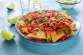 Nachos, Mexican food, tortilla chips with beef and fresh vegetables Royalty Free Stock Photo