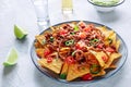 Nachos, Mexican food, tortilla chips with beef and fresh vegetables Royalty Free Stock Photo