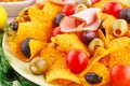 Nachos, olives, pork loin and vegetables Royalty Free Stock Photo