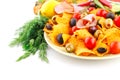 Nachos, olives, pork loin and vegetables Royalty Free Stock Photo