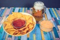 Nachos go with dip and beer Royalty Free Stock Photo