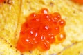 Nachos with red caviar. Snack with caviar. Crispy cheese flavored chips.
