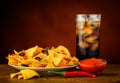 Nachos, salsa dip and cola drink