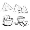 Nachos Sketch Style Set. Single, Group And With Sauce Nachos. Traditional Mexican Food. Hand Drawn. Retro Style. Vector Illustrati