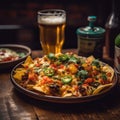 Nachos On Stone In Rustic Pub. Generative AI Royalty Free Stock Photo