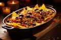 nachos topped with beans, corn and olives in baking dish