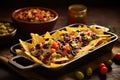 nachos topped with beans, corn and olives in baking dish
