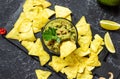 Nachos. Tortilla Chips with Guacamole on stone background. Top view Royalty Free Stock Photo