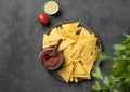 Nachos or tortilla with spicy tomato sauce on a plate with fresh herbs on a dark background. Corn chips with salsa sauce. Classic Royalty Free Stock Photo