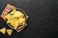 Nachos. Traditional latinamerican Mexican corn chips with guacamole dip sauce in a black bowl with avocado and ingredients and Royalty Free Stock Photo