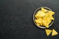 Nachos. Traditional latinamerican Mexican corn chips with guacamole dip sauce in a black bowl with avocado and ingredients and Royalty Free Stock Photo