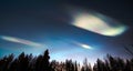 Nacreous clouds in dusk over tree silhouettes