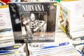 Nirvana vinyl album on display for sale, Vinyl, LP, Album, Pop Rock, American rock band, collection of Vinyl in background