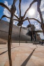 Nadir low angle view of the spider-shaped Mama sculpture made of bronze, steel and marble next to the Guggenheim Museum
