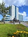 Monument and Gazprom office building in the city of Nadym in Northern Siberia