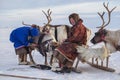 Nadym, Russia - February 23, 2020: Far North, Yamal Peninsula, Reindeer Herder`s Day, local residents in national clothes of
