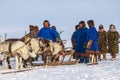 Nadym, Russia - February 23, 2020: Far North, Yamal Peninsula, Reindeer Herder`s Day, local residents in national clothes of Royalty Free Stock Photo