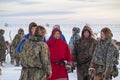 Nadym, Russia - February 23, 2020: Far North, Yamal Peninsula, Reindeer Herder`s Day, local residents in national clothes of