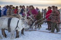 Nadym, Russia - February 23, 2020: Far North, Yamal Peninsula, Reindeer Herder`s Day, local residents in national clothes of