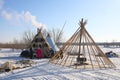 Reindeer herders establish traditional dwelling in winter in Siberia
