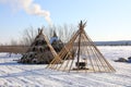 The wooden base of the Nenets dwelling in winter in the north of Siberia