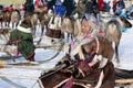 Nenets woman reindeer herder sits on a sled in northern Siberia