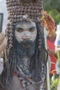 Naga Sadhu with a unique headgear  at  Kumbh Mela Trambakeshwar,nasik,maharashtra,India Royalty Free Stock Photo