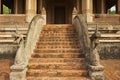 Naga sculptures at the stairs outside of the Hor Phra Keo buddhist temple and museum in Vientiane, Laos.