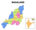 Nagaland map. Nagaland administrative and political map. Nagaland map with neighboring countries and borders.