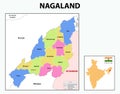 Nagaland map. Nagaland administrative and political map. Nagaland map with neighboring countries and borders.