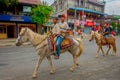 NAGARKOT, NEPAL OCTOBER 04, 2017: Unidentified boys riding a horse in dowtown in the city in Nagarkot Nepal