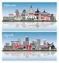 Nagasaki Japan and Kathmandu Nepal City Skyline set with Color Buildings, Blue Sky and Reflections. Illustration. Kathmandu