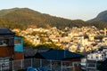 Landscape of Nagasaki seen from Suwa Shinto Shrine on the hill during sunset, golden hour, autumn, Japan.