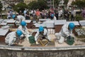 Students making a reconstruction in scale model of the historical buildings in Dejima,