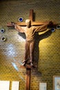 Twenty-Six Martyrs Christianity Museum inside view of a large holy cross on the wall with martyr crucified, Nagasaki, Japan