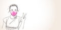 Nage girl in pink face mask for coronavirus prevention showing V sign peace gesture, Covid-19 pandemic quarantine Hand drawn