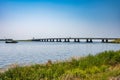 Nagele, Flevoland, The Netherlands - Bridge over the Ketel lake with the green polder and ships