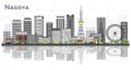 Nagoya Japan City Skyline with Gray Buildings and Reflections Isolated on White