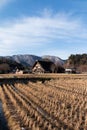 Nagoya,Japan-December 2018: Paddy field and traditional farm house in Shirakawa-Go in winter time