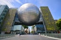 Nagoya, Japan - May 22, 2019 : The Nagoya City Science Museum features a characteristic giant silver globe, one of the world`s