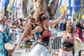 Dancers in multi-colored dresses participate in the annual carnival of Adloyada dressed like scouts go with drums in Nahariyya, Is