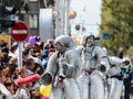 Participants of the annual carnival of Adloyada walking on stilts, dressed like robots in Nahariyya, Israel